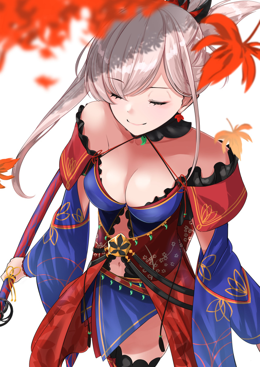 1girl absurdres bare_shoulders blue_kimono breasts cleavage closed_eyes closed_mouth detached_sleeves fate/grand_order fate_(series) hair_ornament highres japanese_clothes katana kimono large_breasts leaf long_hair long_sleeves magatama maple_leaf miyamoto_musashi_(fate) miyamoto_musashi_(third_ascension)_(fate) navel nigori_(keydoor) obi off_shoulder pink_hair ponytail sash sheath short_kimono smile solo swept_bangs sword thighhighs thighs weapon wide_sleeves