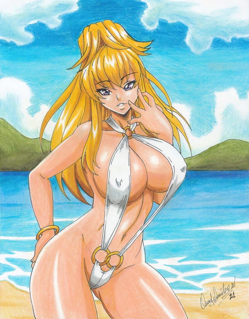 1girl 2021 absurdres beach bikini blonde_hair breasts choujuushin_gravion cleavage commission covered_erect_nipples grey_eyes hand_on_own_hip highres large_breasts long_hair navel ravernclouk_design slingshot_swimsuit solo swimsuit tachibana_mizuki traditional_media white_bikini