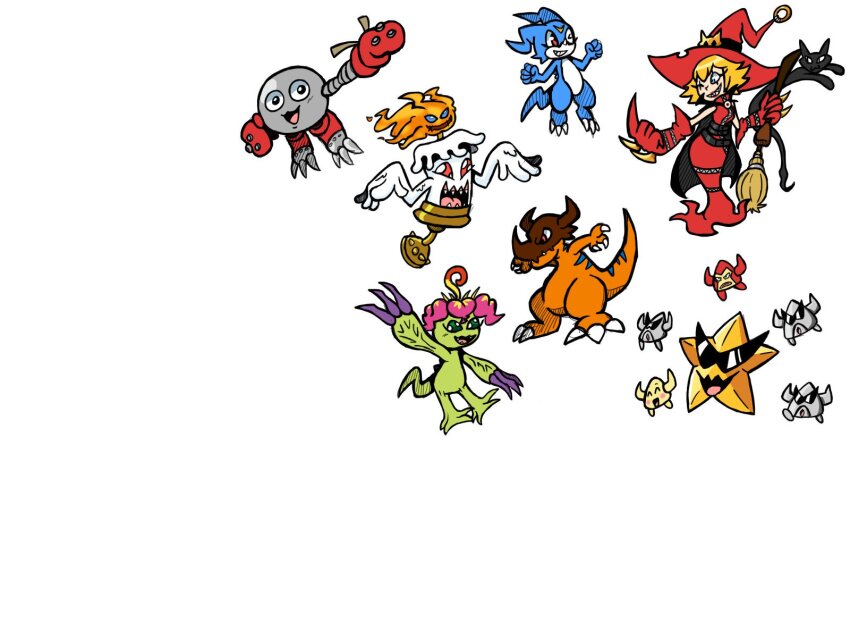1girl black_cat candmon cat digimon digimon_(creature) female_focus greymon happy hat highres mamemon palmon pickmon pickmon_(normal) pickmon_(rare) pickmon_(sunglasses) simple_background smile solo starmon_(digimon_xros_wars) v-mon white_background witch witch_hat witchmon