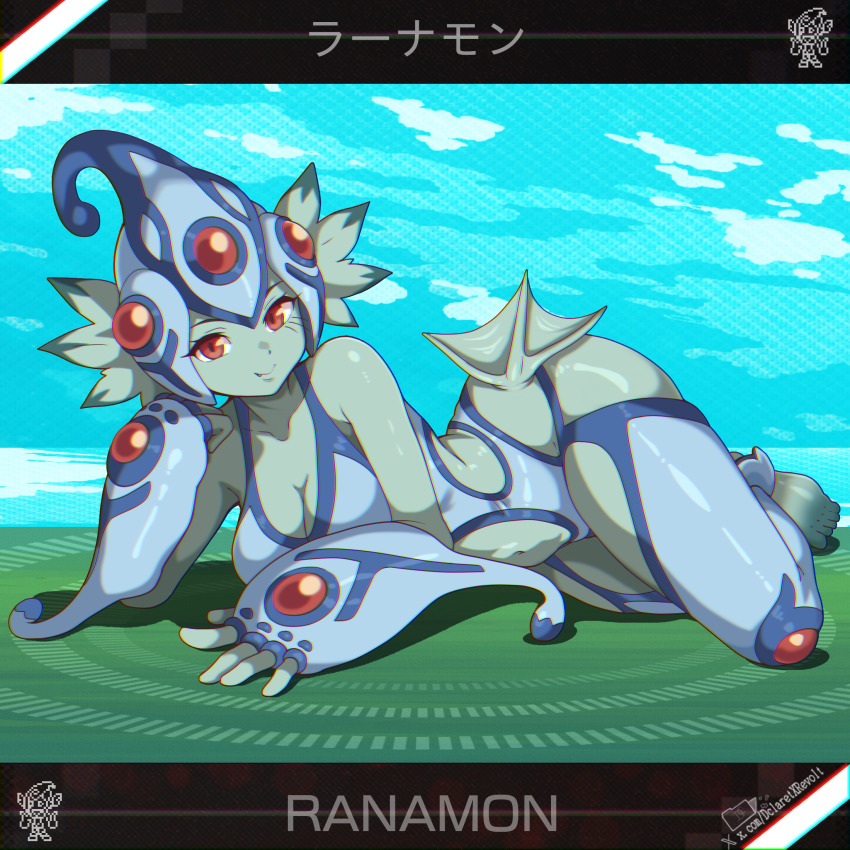 1girl aqua_skin bare_shoulders black_border blue_one-piece_swimsuit border breasts character_name chromatic_aberration cleavage clenched_hand closed_mouth clothing_cutout colored_skin commentary dclaret digimon digimon_(creature) digimon_frontier english_commentary eyelashes fang fins full_body head_fins highres large_breasts looking_at_viewer lying navel navel_cutout on_side one-piece_swimsuit ranamon red_eyes shadow side_cutout smile solo swimsuit twitter_username