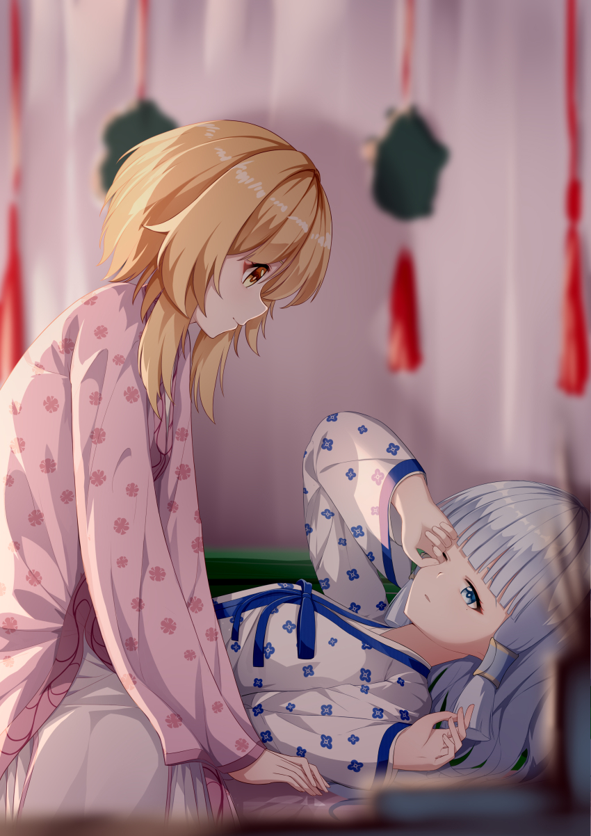 absurdres ayaka_(genshin_impact) beizi_(clothing) blonde_hair blue_eyes blue_hair chinese_clothes genshin_impact hanfu highres long_hair looking_at_another lumine_(genshin_impact) lying medium_hair mxirony on_back pink_hanfu sidelocks sitting waking_up yellow_eyes yuri
