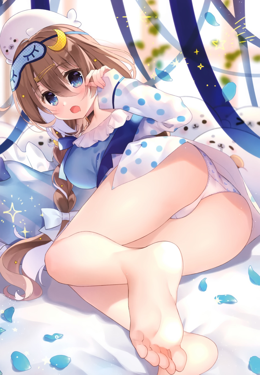 1girl absurdres animal ass bare_legs bare_shoulders barefoot blue_bow blue_camisole blue_eyes blue_ribbon blush bow braid breasts brown_hair camisole chihiro_(khorosho) crescent crescent_hair_ornament drooling feet fingernails foot_focus frilled_pillow frills hair_between_eyes hair_bow hair_ornament heart heart_panties heart_print highres iriam jacket large_breasts legs long_hair long_sleeves mask mask_on_head mouth_drool nemuri_mashiro open_clothes open_jacket open_mouth panties petals pillow polka_dot polka_dot_jacket print_panties ribbon seal_(animal) sleep_mask sleeves_past_wrists soles solo star_(symbol) toes underwear very_long_hair virtual_youtuber white_bow white_jacket white_panties
