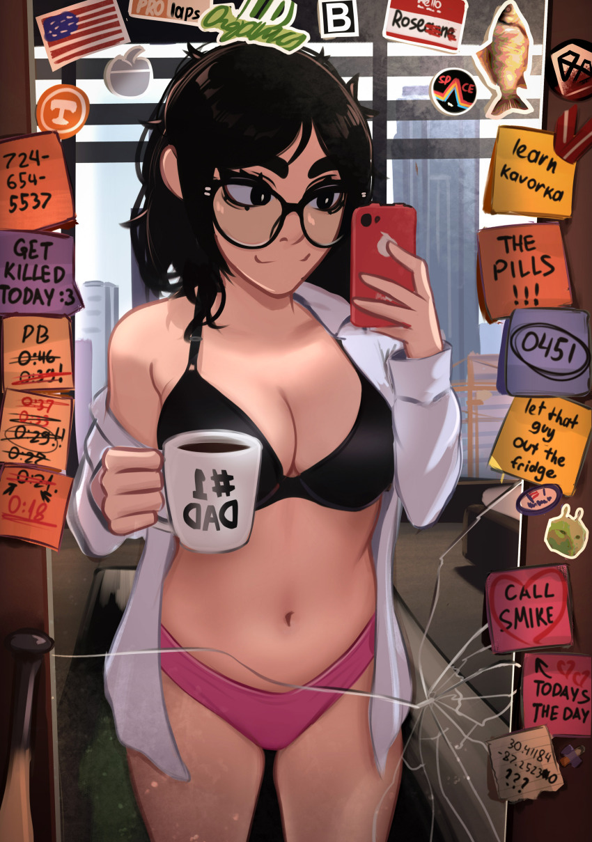 1girl absurdres american_flag antennae black-framed_eyewear black_bra black_eyes black_hair bra breasts cleavage cowboy_shot cup english_text fish glasses glorp green_cat heart highres holding holding_cup large_breasts mirror_selfie navel no_pants open_clothes open_shirt original panties pink_panties rosen_(veyonis) selfie shirt solo standing underwear veyonis white_shirt