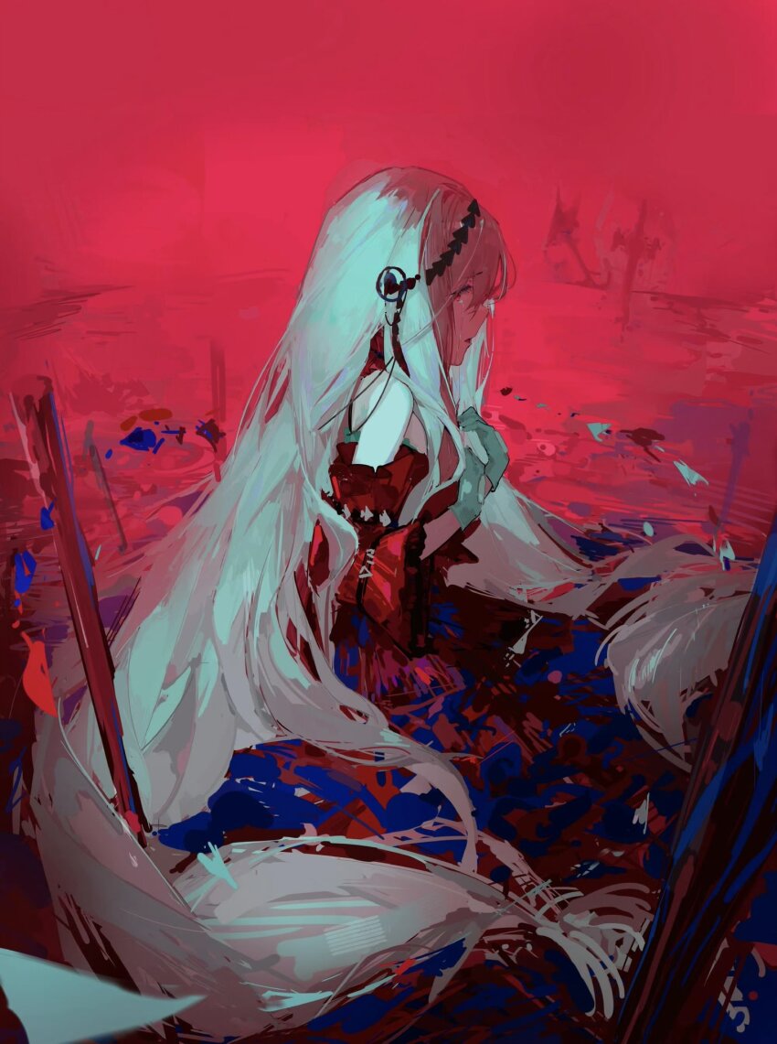 1girl angelfish aqua_gloves arknights clothing_cutout crying crying_with_eyes_open detached_sleeves dress fish from_side gloves grey_hair hair_ornament highres long_hair navel_cutout official_alternate_costume red_dress red_eyes red_sleeves rilly_ovo sitting skadi_(arknights) skadi_the_corrupting_heart_(arknights) tears tropical_fish upper_body very_long_hair water