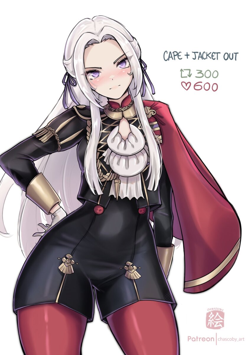 1girl artist_name blue_eyes cape chascoby commentary edelgard_von_hresvelg english_commentary fire_emblem fire_emblem:_three_houses garreg_mach_monastery_uniform gloves hair_ribbon hand_on_own_hip highres leggings long_hair looking_at_viewer nintendo red_cape red_leggings ribbon solo twitter_strip_game white_background white_gloves