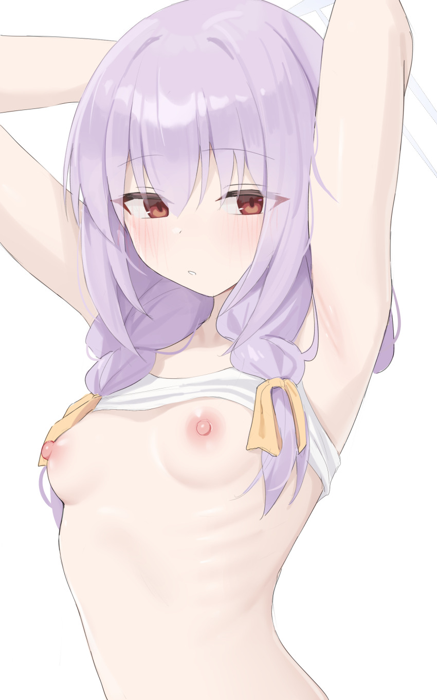 1girl absurdres armpits arms_behind_head arms_up atsuko_(blue_archive) blue_archive blush braid breasts camisole clothes_lift commentary commission hair_ribbon halo highres long_hair looking_at_viewer low_twin_braids medium_breasts navel nipples pixiv_commission purple_hair red_eyes ribbon shengtian sidelocks solo twin_braids white_camisole