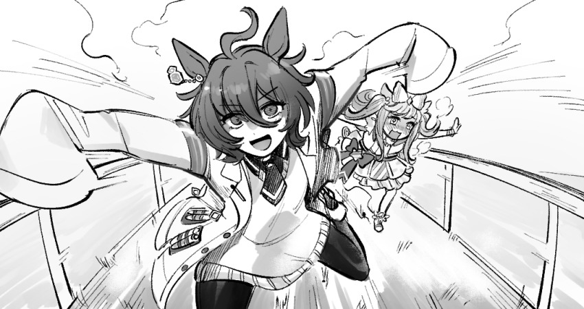 2girls :3 agnes_digital_(umamusume) agnes_tachyon_(umamusume) ahoge animal_ears blush bow bracelet breath cardigan coat collared_shirt commentary_request crayon_shin_chan:_adventure_in_henderland dress frilled_dress frills greyscale hair_bow high_heels horse_ears horse_girl jewelry lab_coat long_hair looking_at_viewer meme monochrome motion_lines multiple_girls necktie neta nose_blush open_clothes open_coat open_mouth pantyhose parody racetrack raised_eyebrows running shirt short_dress short_hair short_necktie short_sleeves sleeves_past_fingers sleeves_past_wrists smile speed_lines two_side_up umamusume v-shaped_eyebrows yokuko_zaza