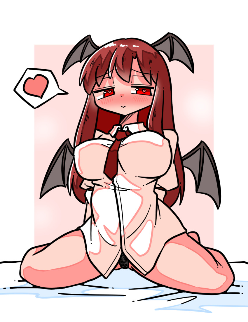 1girl :&gt; armband arms_behind_back bat_wings black_panties black_wings blush border breasts commentary_request dot_nose full-face_blush hair_between_eyes half-closed_eyes head_wings heart heart-shaped_pupils highres juliet_sleeves kasuya_baian koakuma large_breasts long_hair long_sleeves low_wings necktie no_pants on_bed panties panty_peek pink_background puffy_sleeves red_armband red_eyes red_hair red_necktie sidelocks simple_background sitting smile solo speech_bubble spoken_heart symbol-shaped_pupils touhou underwear wariza white_border wings