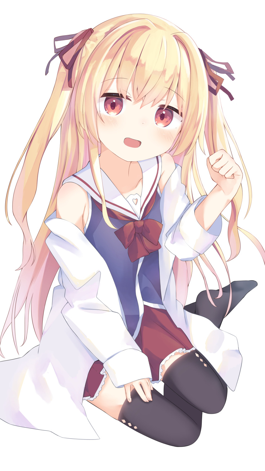 1girl :d absurdres bare_shoulders black_thighhighs blonde_hair blue_shirt blush bow clenched_hand coat commentary_request commission full_body hair_between_eyes hair_intakes hair_ribbon hand_up highres irotoridori_no_sekai lab_coat long_hair long_sleeves looking_at_viewer miniskirt nikaidou_shinku no_shoes open_clothes open_coat open_mouth pasteurized red_bow red_eyes red_ribbon red_skirt ribbon sailor_collar school_uniform serafuku shirt simple_background sitting skeb_commission skirt sleeveless sleeveless_shirt smile solo straight_hair thighhighs two_side_up very_long_hair white_background white_sailor_collar wide_sleeves yokozuwari zettai_ryouiki