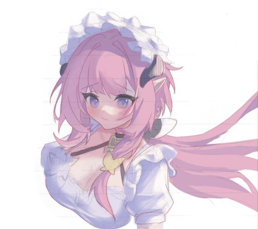1girl blue_eyes breasts butterfly_hair_ornament cleavage cropped_legs elf elysia_(honkai_impact) elysia_(miss_pink)_(honkai_impact) elysia_(miss_pink_elf)_(honkai_impact) fake_horns hair_ornament highres honkai_(series) honkai_impact_3rd horns large_breasts long_hair lucas_(lucasng29949052) maid maid_headdress missing_commentary official_alternate_costume pink_hair pointy_ears simple_background solo white_background