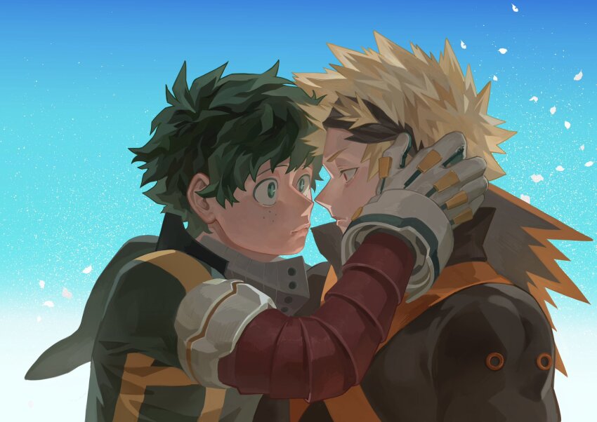 2boys arm_up bakugou_katsuki blonde_hair blue_sky boku_no_hero_academia closed_mouth cloud commentary_request eye_contact eye_mask freckles gloves green_eyes green_hair hair_between_eyes hand_on_another&#039;s_face highres hood hood_down long_sleeves looking_at_another male_focus mask_up midoriya_izuku multiple_boys nebikkurishita popped_collar red_eyes short_hair sky upper_body wavy_hair white_gloves