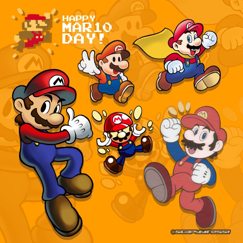 6+boys artist_name blue_eyes brown_hair cape_mario donkey_kong_(series) facial_hair gloves grin hat highres mario mario_&amp;_luigi_rpg mario_(series) mario_vs._donkey_kong mini_mario multiple_boys mustache nintendo overalls paper_mario paper_mario_64 smile soapyyness super_mario_bros.:_peach-hime_kyushutsu_dai_sakusen! super_mario_bros._1 super_mario_world