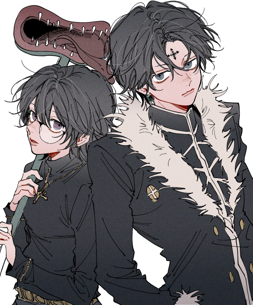 1boy 1girl black_coat black_hair black_shirt chrollo_lucilfer closed_mouth coat facial_tattoo glasses grey_eyes highres holding hunter_x_hunter jewelry karasuma_(wbeach01) long_sleeves looking_at_viewer necklace parted_lips purple_eyes shirt shizuku_murasaki simple_background tattoo white_background