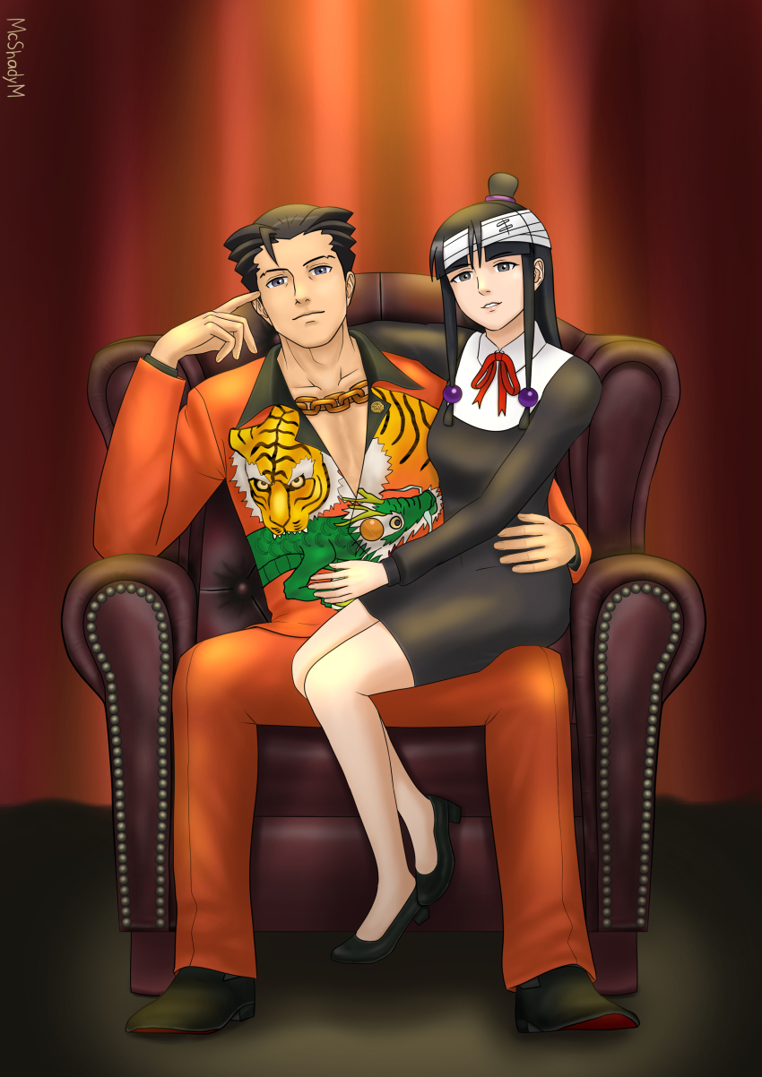 1boy 1girl absurdres ace_attorney animal_print artist_name bandaged_head bandages black_dress black_eyes black_footwear black_hair chain chair cosplay dragon_print dress furio_tigre furio_tigre_(cosplay) hair_ornament hair_slicked_back highres indoors jacket long_sleeves looking_at_viewer maya_fey mcshadym on_chair orange_jacket parted_lips phoenix_wright sidelocks sitting spiked_hair tiger_print topknot viola_cadaverini viola_cadaverini_(cosplay)