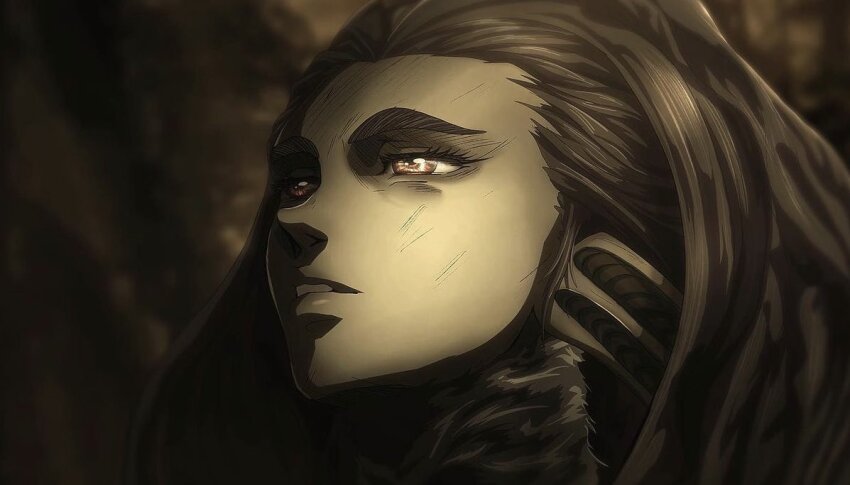 1girl arthropod_girl berserk brown_eyes brown_hair bug colored_skin injury long_hair looking_to_the_side mark_reymer monster_girl neck_fur open_mouth rosine_(berserk) solo solo_focus teeth thick_eyebrows upper_body