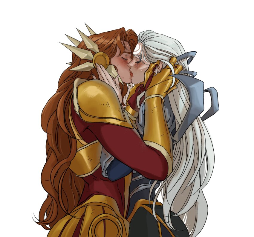 2girls armor blush bodysuit brown_hair closed_eyes diana_(league_of_legends) french_kiss from_side gold_armor grey_hair hair_ornament highres kiss league_of_legends leona_(league_of_legends) long_sleeves marceline2174 multiple_girls red_bodysuit simple_background white_background white_hair yuri
