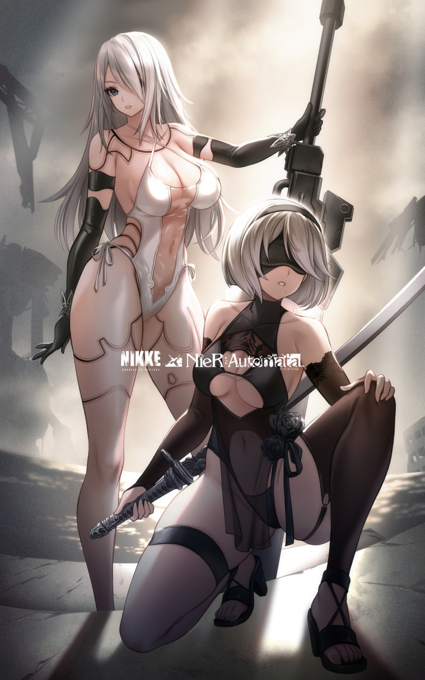 2b_(nier:automata) 2girls a2_(nier:automata) black_hairband black_one-piece_swimsuit blindfold blue_eyes breasts goddess_of_victory:_nikke grey_sky hairband highres holding holding_sword holding_weapon korean_commentary large_breasts long_hair mole mole_under_mouth multiple_girls nier:automata nier_(series) ocean official_alternate_costume one-piece_swimsuit planted planted_sword planted_weapon short_hair sky swimsuit sword toriseru_(rare_stone) very_long_hair weapon white_hair white_one-piece_swimsuit