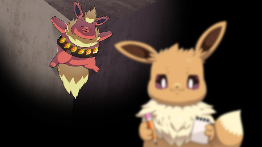 :3 ^_^ animal_focus arms_up belt blonde_hair blurry blurry_foreground closed_eyes closed_mouth colored_sclera creatures_(company) drunkoak eevee evolution_stone evolutionary_stone facing_another fire_stone flareon fur_collar game_freak gen_1_pokemon hands_up happy highres holding holding_notepad holding_pencil indoors nintendo no_humans notepad outstretched_arms pencil pokemon pokemon_(creature) purple_sclera short_hair smile solo_focus spread_arms spread_legs straight-on underlighting upper_body utility_belt white_eyes