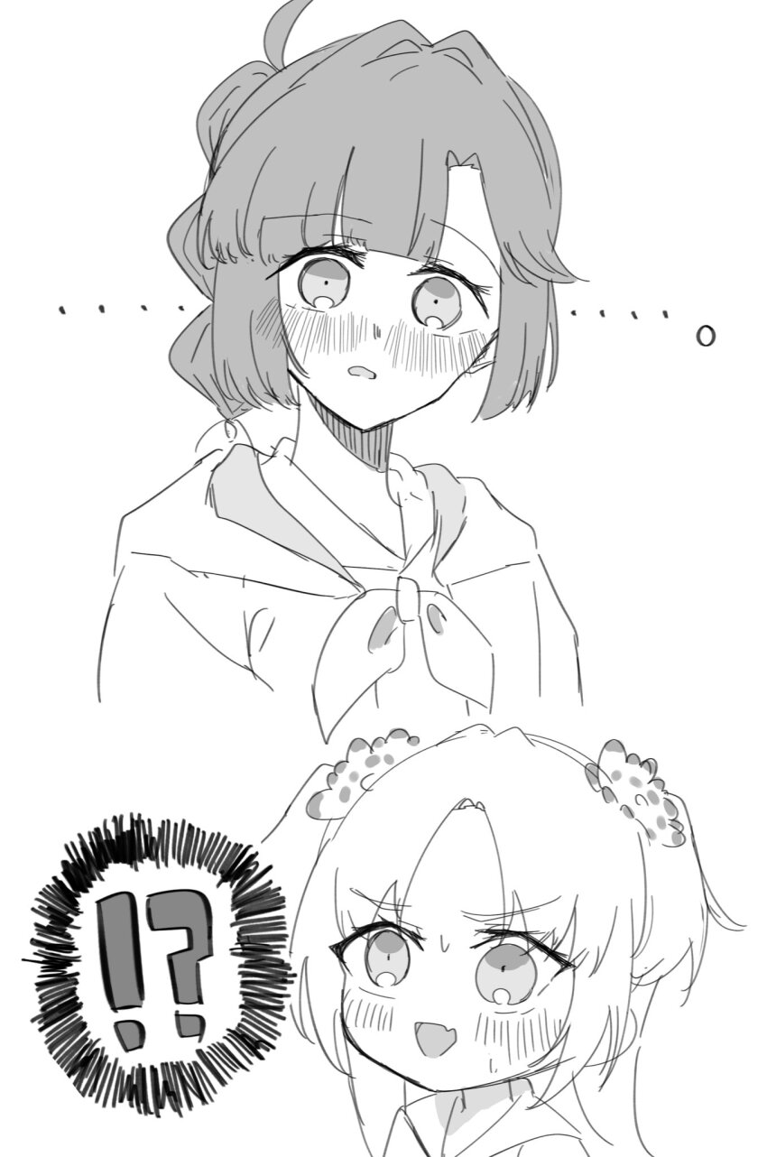 !? ... 2girls :d ahoge anyoji_hime blush borderless_panels commentary_request fang flower hair_flower hair_ornament hasu_no_sora_school_uniform highres hood hooded_jacket jacket link!_like!_love_live! long_hair love_live! mira-cra_park! multi-tied_hair multiple_girls neckerchief nervous_smile nervous_sweating nose_blush open_clothes open_jacket open_mouth osawa_rurino othiwo parted_bangs ponytail sailor_collar school_uniform sidelocks simple_background skin_fang smile spoken_interrobang surprised sweat twintails virtual_youtuber white_background wide-eyed yuri