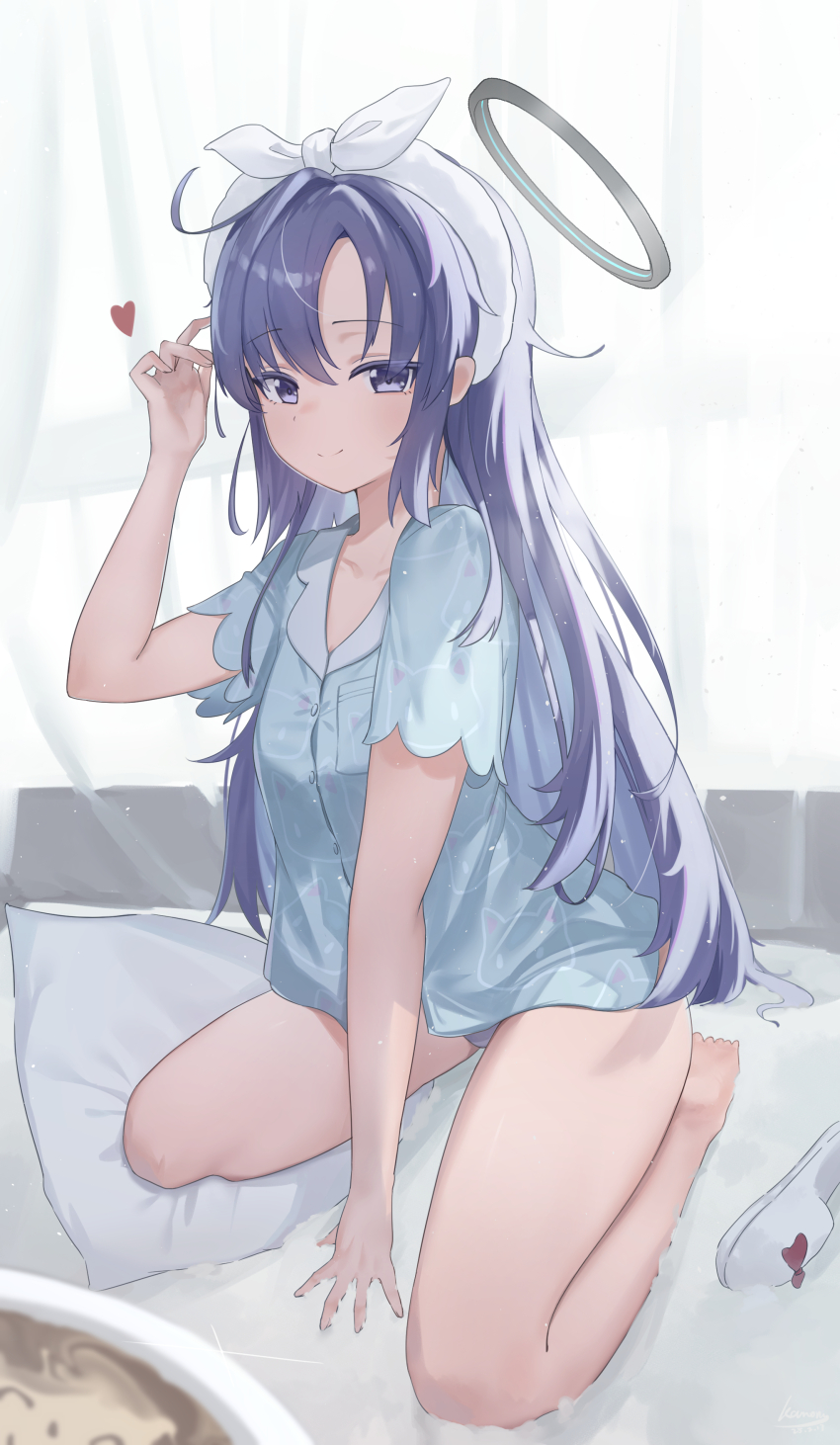 1girl absurdres barefoot blue_archive blue_eyes blue_hair blue_shirt closed_mouth commentary halo hand_up heart highres indoors kamory kneeling long_hair looking_at_viewer mechanical_halo official_alternate_costume on_bed panties pantyshot pillow shirt shoes short_sleeves smile solo underwear unworn_shoes white_panties yuuka_(blue_archive) yuuka_(pajamas)_(blue_archive)