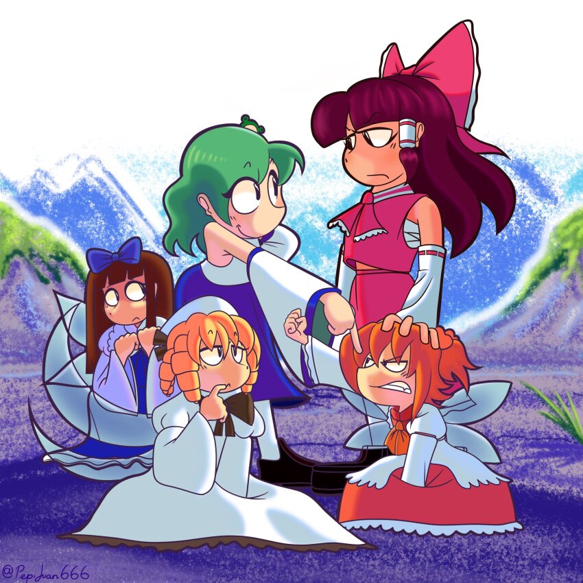 5girls angry black_eyes blonde_hair bow brown_hair dress drill_hair green_hair hakurei_reimu highres kochiya_sanae long_hair luna_child multiple_girls orange_hair pepijuan pointing short_hair star_sapphire sunny_milk touhou