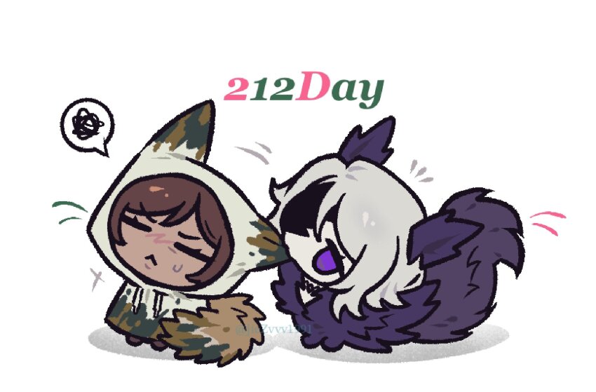 2girls animal_ears brown_hair chibi closed_eyes closed_mouth e.g.o_(project_moon) faust_(project_moon) fox_ears fox_tail highres limbus_company multiple_girls ohzv outis_(project_moon) project_moon purple_eyes short_hair simple_background sunshower_(e.g.o) tail telepole_(e.g.o) white_background white_hair wolf_ears wolf_tail
