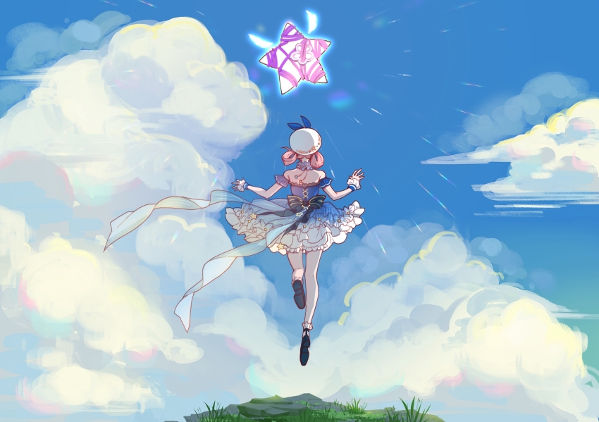 1girl back_bow bare_legs bare_shoulders beads beret black_shoes bloomers blue_bow blue_choker blue_dress blue_sky blue_sleeves blue_wrist_cuffs bow bubbly_voyage_(infinity_nikki) chinese_commentary choker cliff cloud cloudy_sky commentary_request cross-laced_clothes cross-laced_dress day detached_sleeves dress floating_clothes flower frilled_choker frilled_dress frilled_sleeves frilled_socks frilled_wrist_cuffs frills from_behind full_body grass hair_rings hat hat_bow highres infinity_nikki jumping leg_up lens_flare mary_janes nikki_(nikki) nikki_(series) notice_lines outdoors pink_hair shoes short_dress short_hair short_sleeves shuang_yuda_zhanglang sky socks solo star_(symbol) strapless strapless_dress striped_bow underwear whimstar_(infinity_nikki) white_bloomers white_hat white_socks wrist_cuffs yarn