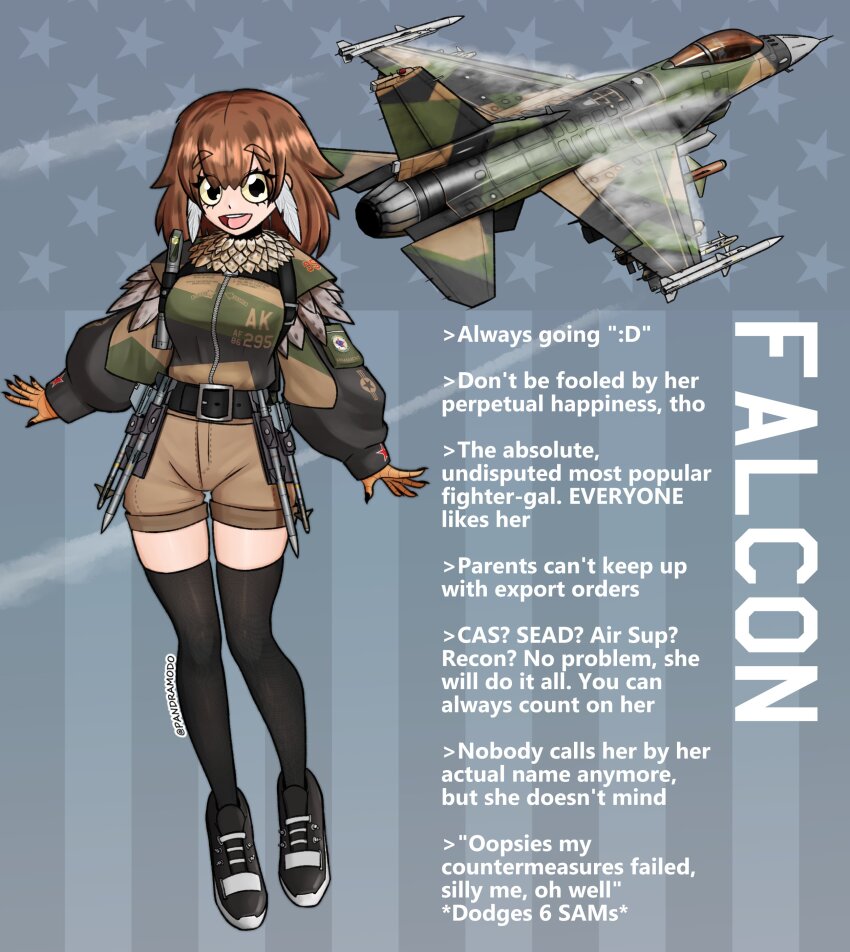 1girl :d absurdres aircraft airplane american_flag belt black_belt black_footwear black_jacket black_thighhighs breasts brown_hair brown_jacket brown_shorts commentary english_commentary english_text f-16_fighting_falcon feather_hair_ornament feathers fighter_jet full_body green_jacket grey_background hair_ornament highres jacket long_sleeves looking_at_viewer military_vehicle missile multicolored_jacket open_mouth original pandramodo personification puffy_long_sleeves puffy_sleeves red_star short_hair shorts smile solo star_(symbol) teeth thighhighs twitter_username united_states_air_force upper_teeth_only vehicle_and_personification yellow_eyes