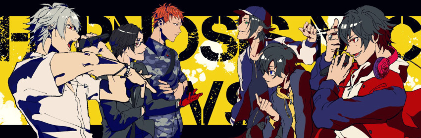 6+boys aohitsugi_samatoki baseball_cap black_hair blue_eyes bracelet brothers buster_bros!!! busujima_rio_mason camouflage gakuran gam17m glasses gloves hat headphones headphones_around_neck hood hoodie hypnosis_mic index_finger_raised iruma_jyuto jacket jewelry letterboxed letterman_jacket long_sleeves mad_trigger_crew male_focus multiple_boys open_mouth orange_hair rapping red_eyes red_gloves ring school_uniform shirt short_hair short_sleeves siblings vs white_hair white_shirt yamada_ichiro yamada_jiro yamada_saburo yellow_background