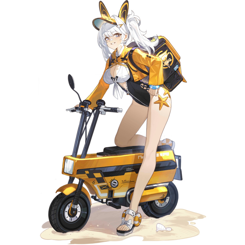 1girl animal_ears bandaid bandaid_on_face bandaid_on_nose bare_legs black_one-piece_swimsuit blue_eyes breasts cleavage cropped_jacket fake_animal_ears feet food-themed_hair_ornament freckles front_zipper_swimsuit_(realise) full_body girls&#039;_frontline grin hair_ornament highres honda_motocompo ice_cream_hair_ornament insulated_delivery_bag jacket large_breasts lifebuoy_ornament long_sleeves looking_at_viewer lusa_(girls&#039;_frontline) lusa_(seaside_striker)_(girls&#039;_frontline) medium_hair meme_attire mto_man official_alternate_costume official_art one-piece_swimsuit partially_unzipped rabbit_ears sand sandals seashell shell side_ponytail simple_background smile solo standing starfish swimsuit third-party_source toes transparent_background two-tone_swimsuit unused_tire visor_cap white_hair white_sandals yellow_jacket