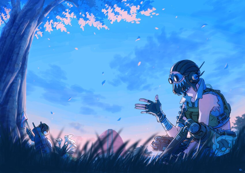 1boy apex_legends aviator_cap black_gloves cloud cropped_vest fingerless_gloves gloves goggles green_vest highres male_focus mask mechanical_legs mouth_mask negio_(negi91_rb) octane_(apex_legends) olympus_(apex_legends) open_hand rabbit shorts sitting sky solo tree vest white_shorts