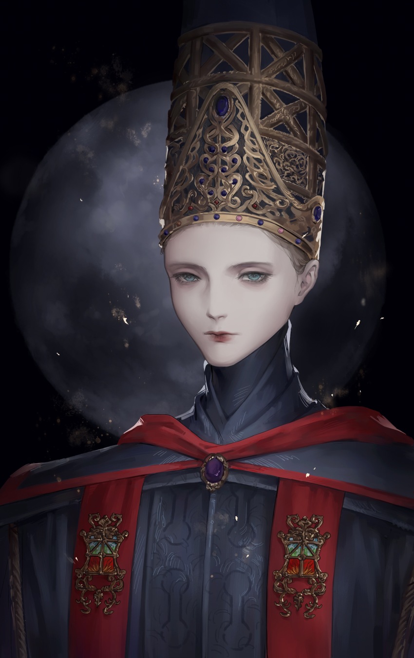 1girl absurdres alicescorpio_yeji aqua_eyes black_background black_hat black_robe brooch chinese_commentary closed_mouth commentary_request elden_ring full_moon gem hat highres jeweled_hat jewelry moon purple_gemstone red_lips rennala_queen_of_the_full_moon robe solo stole tall_hat upper_body