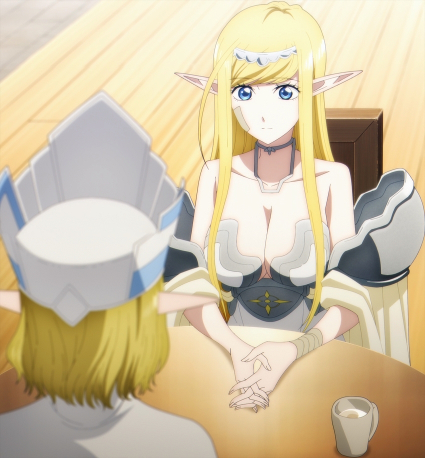 2girls anime_screenshot annette_(isekai_shikkaku) bandaged_arm bandages bandaid bandaid_on_face bare_shoulders blonde_hair blue_dress blue_eyes breasts cape cleavage collarbone dress elf hat highres isekai_shikkaku large_breasts long_sleeves multiple_girls pointy_ears shoulder_blades sidelocks smile stitched table third-party_edit white_cape ysha_(isekai_shikkaku)