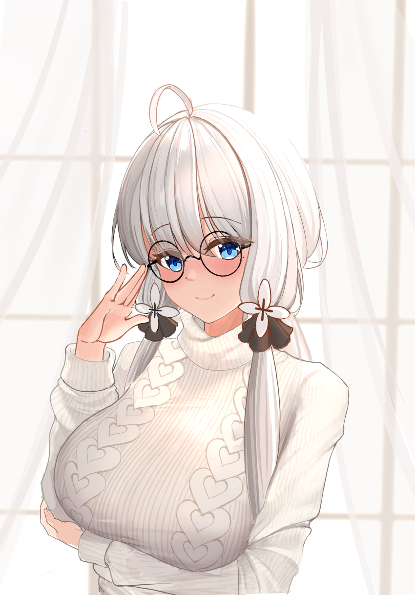 1girl absurdres ahoge alternate_costume azur_lane bespectacled blue_eyes cable_knit casual commentary_request curtains efge6 glasses highres illustrious_(azur_lane) indoors long_hair long_sleeves looking_at_viewer round_eyewear solo sweater turtleneck turtleneck_sweater upper_body white_hair white_sweater window