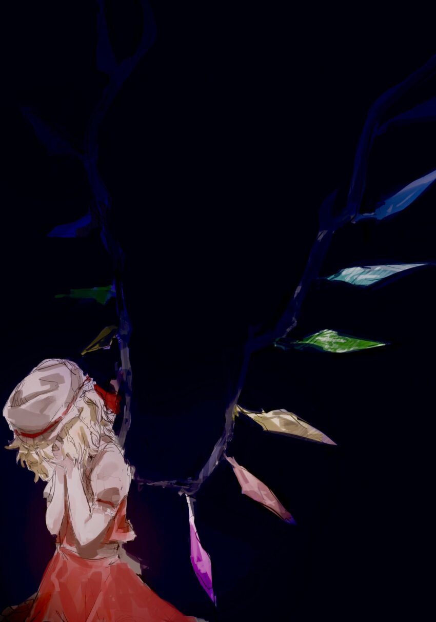 1girl blonde_hair crystal crystal_wings flandre_scarlet hat hat_ribbon highres mob_cap multicolored_wings puffy_short_sleeves puffy_sleeves red_skirt red_vest ribbon short_hair short_sleeves skirt solo taki_(a313131333) touhou vest white_hat wings