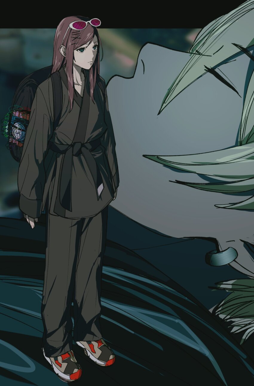 1boy 1girl ace_attorney aged_down alternate_hairstyle amikoiiko analog_clock apollo_justice:_ace_attorney army_of_me backpack bag belt bjork black_belt black_jacket black_shoes blonde_hair blue_shoes blurry blurry_background bomb bomber_jacket brown_hair brown_shoes cable clock closed_eyes collarbone commentary cosplay countdown_timer derivative_work dougi dynamite earrings ema_skye english_commentary explosive eyewear_on_head fingernails full_body green_dougi green_eyes green_theme hair_ornament hairclip highres jacket jewelry klavier_gavin long_hair martial_arts_belt mismatched_eyebrows official_alternate_hairstyle parallel_hairclips pink-tinted_eyewear portrait profile red_shoes screenshot_redraw shoes single_earring sleeves_past_wrists sneakers sternocleidomastoid_muscle sunglasses time_bomb tinted_eyewear unconscious white_shoes x_hair_ornament