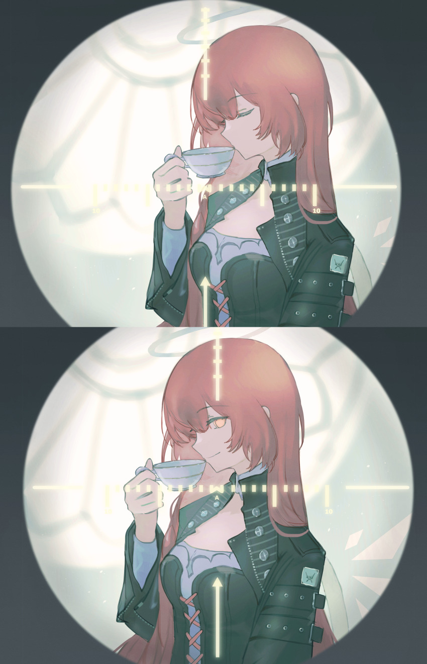 1girl absurdres arknights black_corset black_jacket closed_eyes corset crosshair cup halo highres jacket lemuen_(arknights) looking_at_viewer opening_eyes pink_eyes pink_hair scope smile teacup yuishironeko