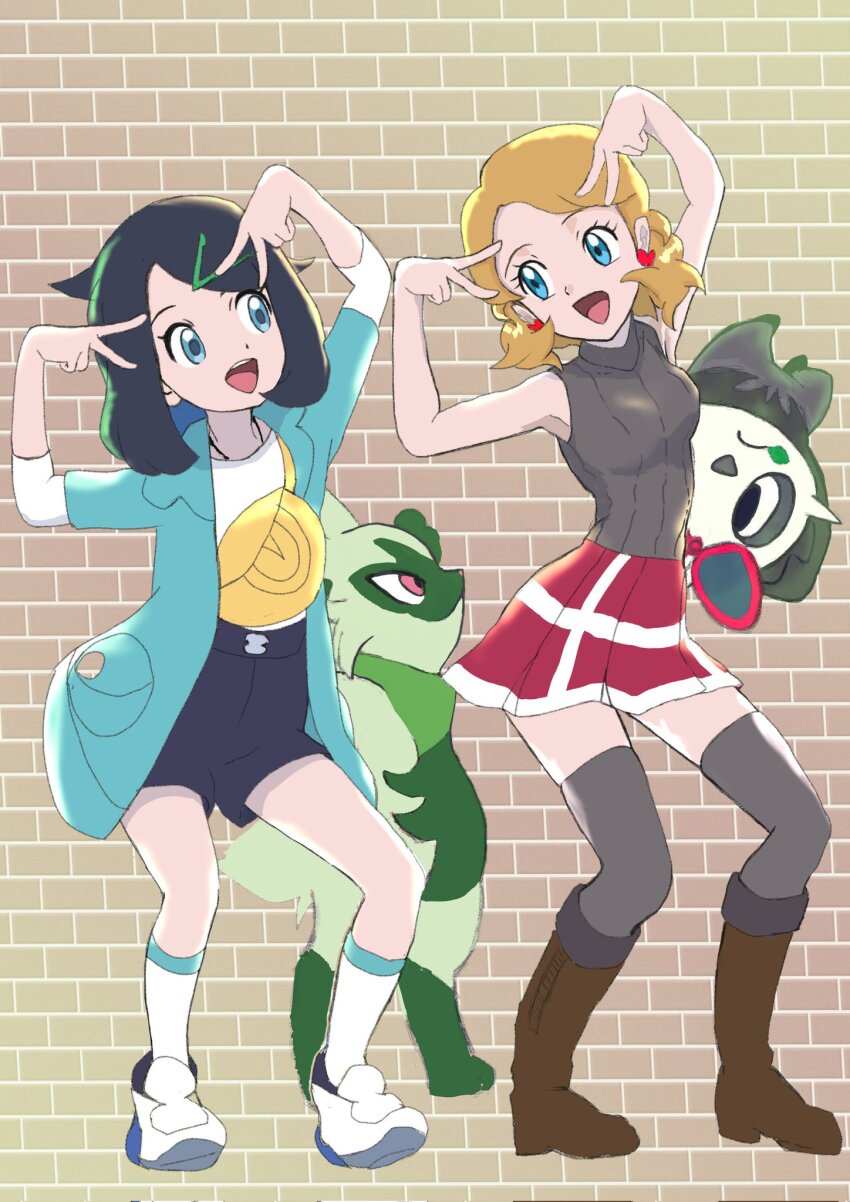 2girls :d black_hair black_shorts blue_eyes boots brown_footwear coat commentary_request cowlick double_v earrings eye_contact eyelashes floragato gen_6_pokemon green_coat hair_ornament hairclip highres jewelry liko_(pokemon) looking_at_another multiple_girls nintendo open_clothes open_coat open_mouth pancham pokemon pokemon_(anime) pokemon_(creature) pokemon_horizons pokemon_journeys red_skirt serena_(pokemon) shirt shoes shorts skirt smile socks squatting swept_bangs teeth teruto_(otahamachan) thighhighs tongue upper_teeth_only v white_footwear white_shirt white_socks yellow_bag