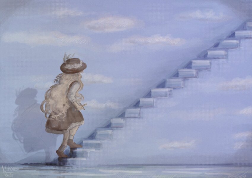 1girl blonde_hair brown_vest cross dolls_in_pseudo_paradise fedora frills hat hat_feather highres holding holding_cross jacket_girl_(dipp) long_hair long_sleeves niko_rausu on_stairs shirt skirt stairs the_truman_show touhou very_long_hair vest wavy_hair white_shirt