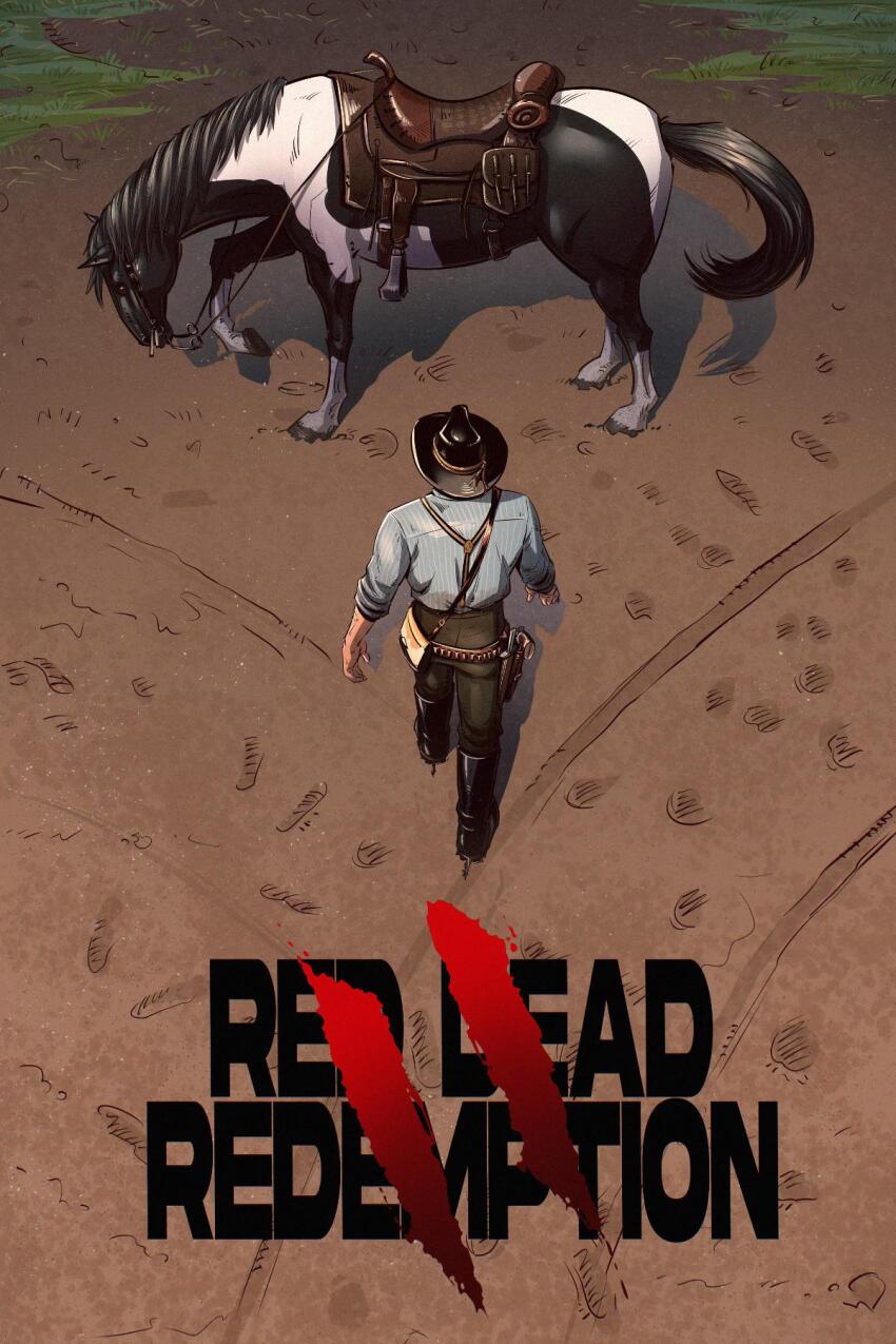 1boy akira_(manga) akira_movie_poster ammunition_belt animal arthur_morgan bag birdyraider black_boots black_hat blue_shirt boots brown_pants cowboy cowboy_hat cowboy_western dirt dirt_road english_text facing_ahead footprints from_above from_behind gun handgun hat highres holster holstered horse knife male_focus outdoors pants parody pinstripe_pattern pinstripe_shirt poster_parody red_dead_redemption_(series) red_dead_redemption_2 revolver road saddle sheath sheathed shirt shoulder_bag sleeves_pushed_up solo standing title_parody walking weapon western yellow_bag