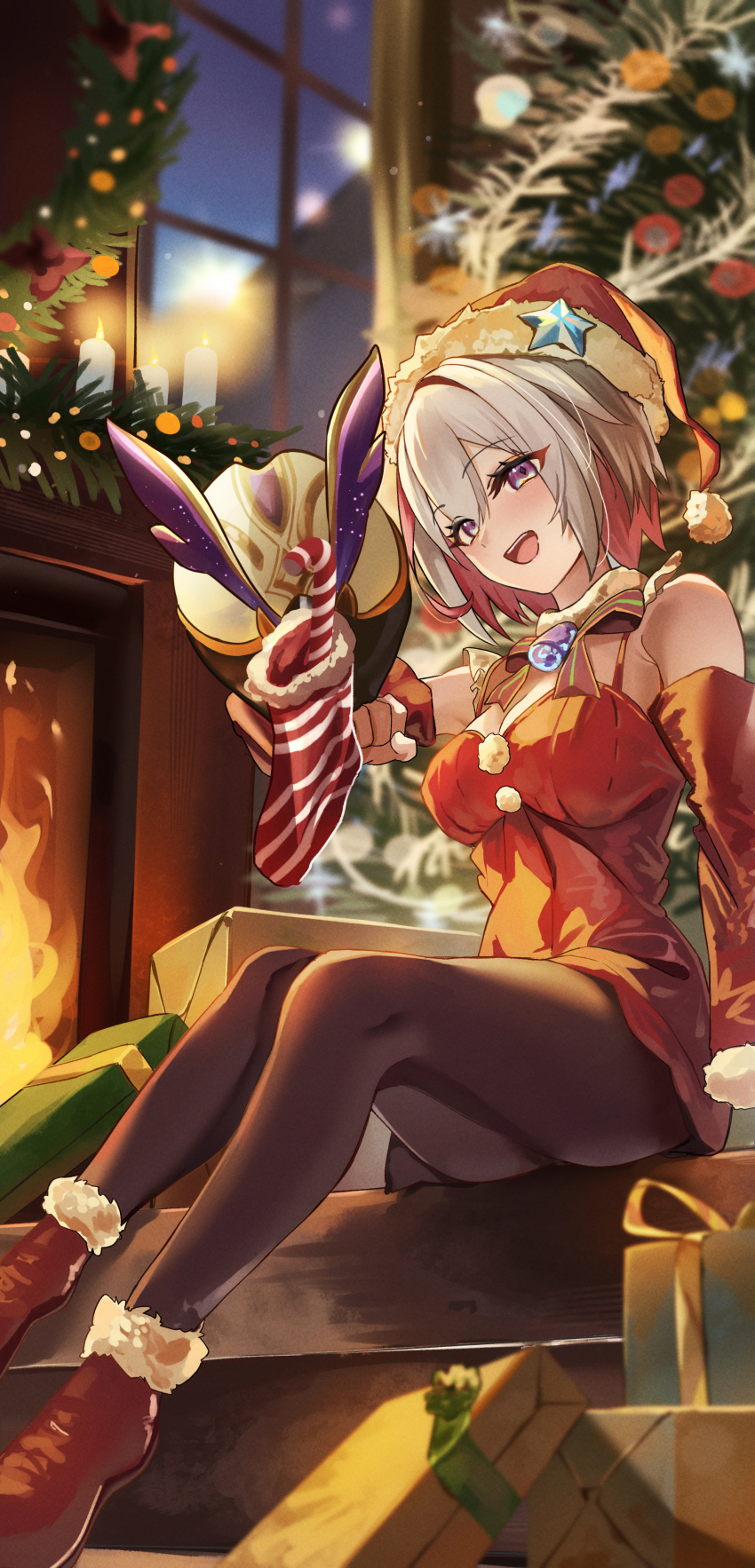 1girl absurdres bare_shoulders blurry blurry_background boots box breasts brown_boots candle candy candy_cane christmas christmas_stocking christmas_tree cleavage colored_inner_hair detached_sleeves diamond-shaped_pupils diamond_(shape) dress fire fireplace food full_body fur-trimmed_boots fur-trimmed_headwear fur_trim gift gift_box hair_between_eyes hat head_tilt highres honkai:_star_rail honkai_(series) indoors large_breasts looking_at_viewer multicolored_eyes multicolored_hair night numby_(honkai:_star_rail) open_mouth red_dress red_hair red_hat santa_costume santa_dress santa_hat smile solo streaked_hair symbol-shaped_pupils teeth topaz_(honkai:_star_rail) trotter_(honkai:_star_rail) two-tone_eyes upper_teeth_only white_hair window zawzawa