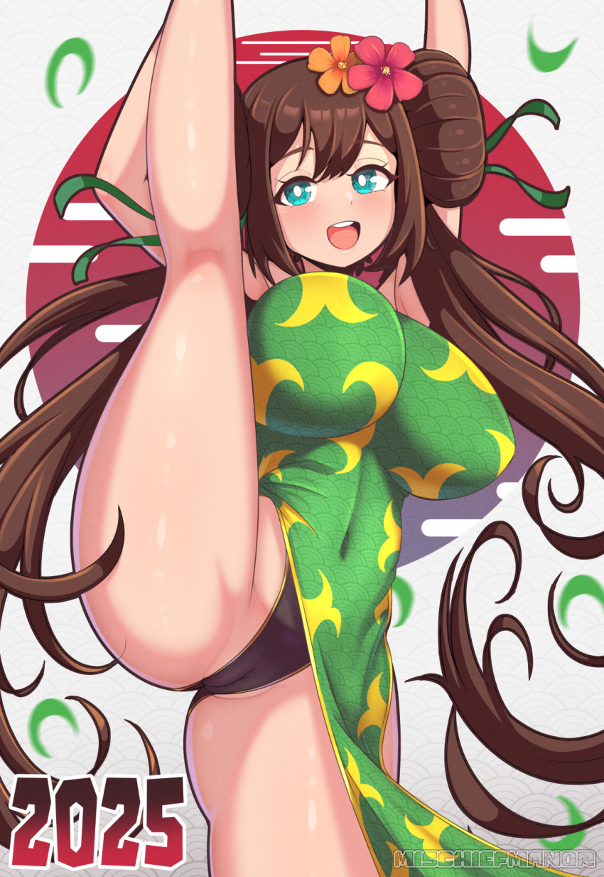 1girl 2025 :d alternate_costume armpits black_leotard blue_eyes blush breasts bright_pupils brown_hair cameltoe china_dress chinese_clothes cosplay curvy donut_hair_bun double_bun dress falling_leaves flower flower_on_head gen_5_pokemon gold_trim hair_between_eyes hair_bun hair_flower hair_ornament hair_ribbon highres holding_leg large_breasts leaf leg_up leotard long_hair looking_at_viewer mischiefmiz new_year nintendo one_leg_raised open_mouth paid_reward_available patreon_username pokemon pokemon_bw2 ribbon rosa_(pokemon) scale scale_print serperior serperior_(cosplay) simple_background smile solo split standing standing_on_one_leg standing_split sun teeth thick_thighs thighs twintails very_long_hair white_pupils wide_hips