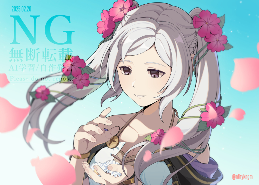 1girl bare_shoulders breasts brown_eyes cleavage collarbone crml_orng dress female_robin_(fire_emblem) female_robin_(valentine)_(fire_emblem) fire_emblem fire_emblem_awakening fire_emblem_heroes flower grey_hair hair_flower hair_ornament holding long_dress long_hair medium_breasts mermaid_dress nintendo official_alternate_costume open_mouth parted_lips purple_robe robe sleeveless smile solo twintails twitter_username upper_body watermark white_hair