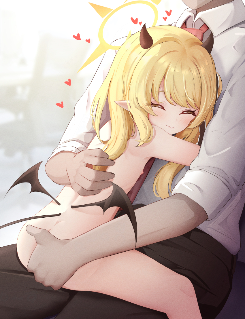 1boy 1girl absurdres asymmetrical_hair black_horns black_pants black_ribbon black_tail black_wings blonde_hair blue_archive closed_eyes closed_mouth clothed_male_nude_female collared_shirt commentary_request completely_nude demon_girl demon_horns demon_tail demon_wings flasher_(flasher_ura) flat_chest girl_on_top grabbing_another&#039;s_ass groping hair_ribbon halo heart hetero highres horns huge_filesize ibuki_(blue_archive) loli long_hair necktie nipples nude paid_reward_available pants pointy_ears red_necktie ribbon shirt side_ponytail straddling tail upright_straddle variant_set white_shirt wings yellow_halo