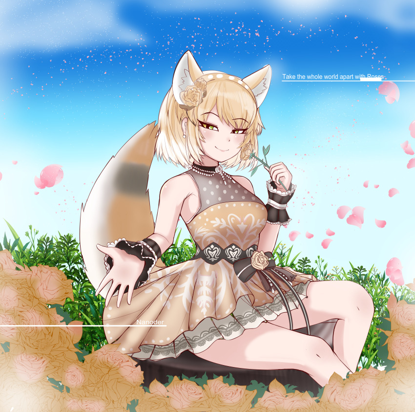 1girl absurdres animal_ears blonde_hair brown_eyes closed_mouth dress earrings fox_ears fox_girl fox_tail gradient_hair highres jewelry kemono_friends looking_at_viewer multicolored_hair nanoder short_hair sitting smile solo tail tibetan_fox_(kemono_friends) white_hair