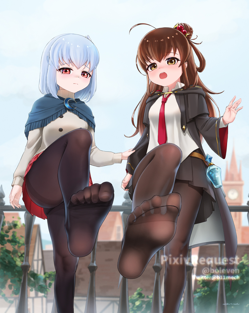 2girls aru_majo_ga_shinu_made beleven blue_hair brown_eyes brown_hair feet highres light_blush long_hair looking_at_viewer medium_hair meg_raspberry multiple_girls necktie open_mouth pantyhose red_eyes soles sophie_hayter toes