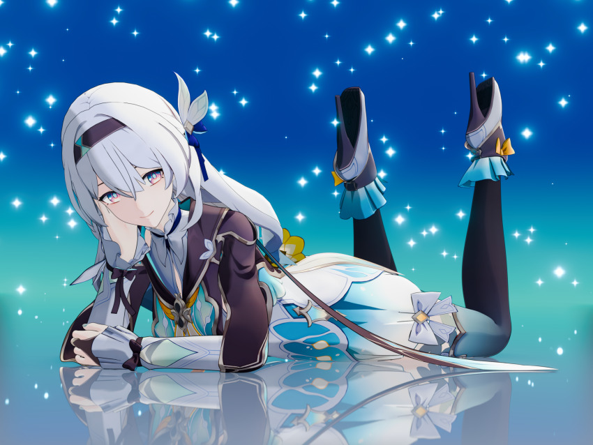 1girl 3d adapted_costume arm_support ballet_boots blender_(medium) bridal_gauntlets finathai firefly_(honkai:_star_rail) full_body hair_ornament hairband high_heels highres honkai:_star_rail honkai_(series) long_hair looking_at_viewer lying on_stomach paid_reward_available pink_eyes reflection solo thighhighs white_hair