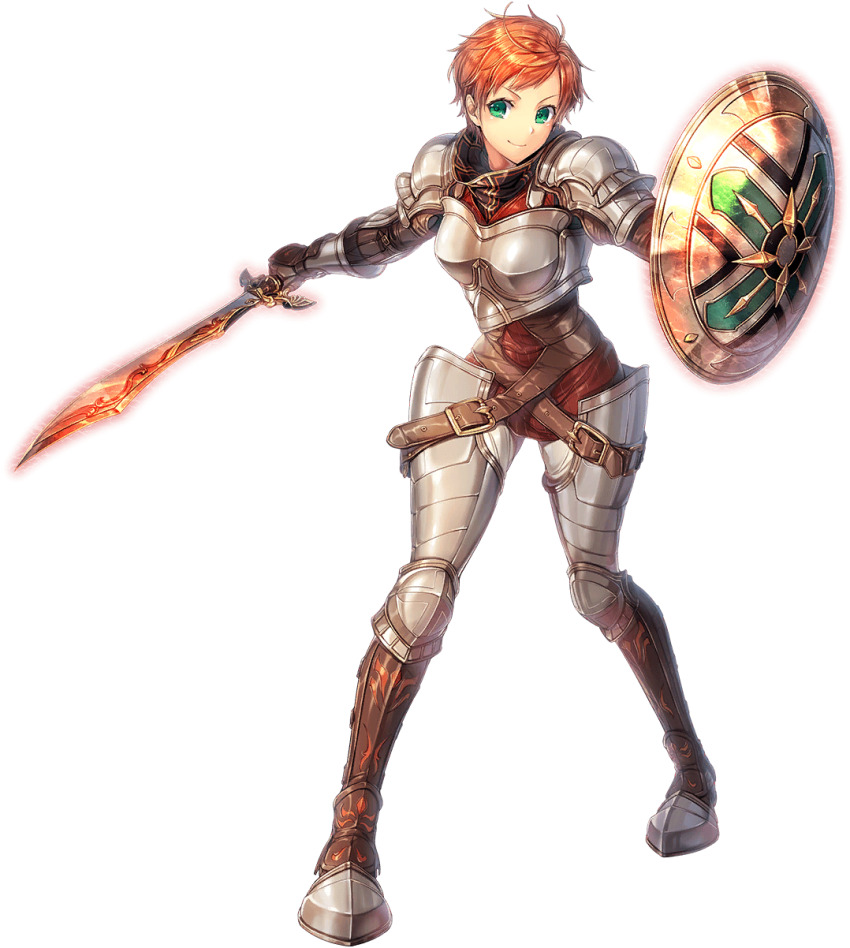 1girl armor artist_request bedi_(unitia) breasts full_body game_cg green_eyes highres holding holding_shield holding_sword holding_weapon official_art orange_hair shield short_hair shoulder_armor solo source_request sword transparent_background unitia weapon