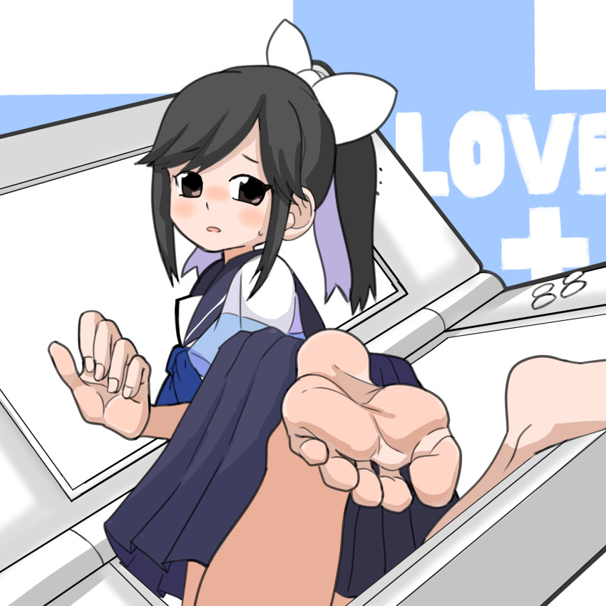 1girl akage_ruru barefoot black_eyes black_hair feet handheld_game_console highres horse_girl light_blush long_hair looking_at_viewer looking_back love_plus nintendo_ds parted_lips school_uniform serafuku soles takane_manaka toes