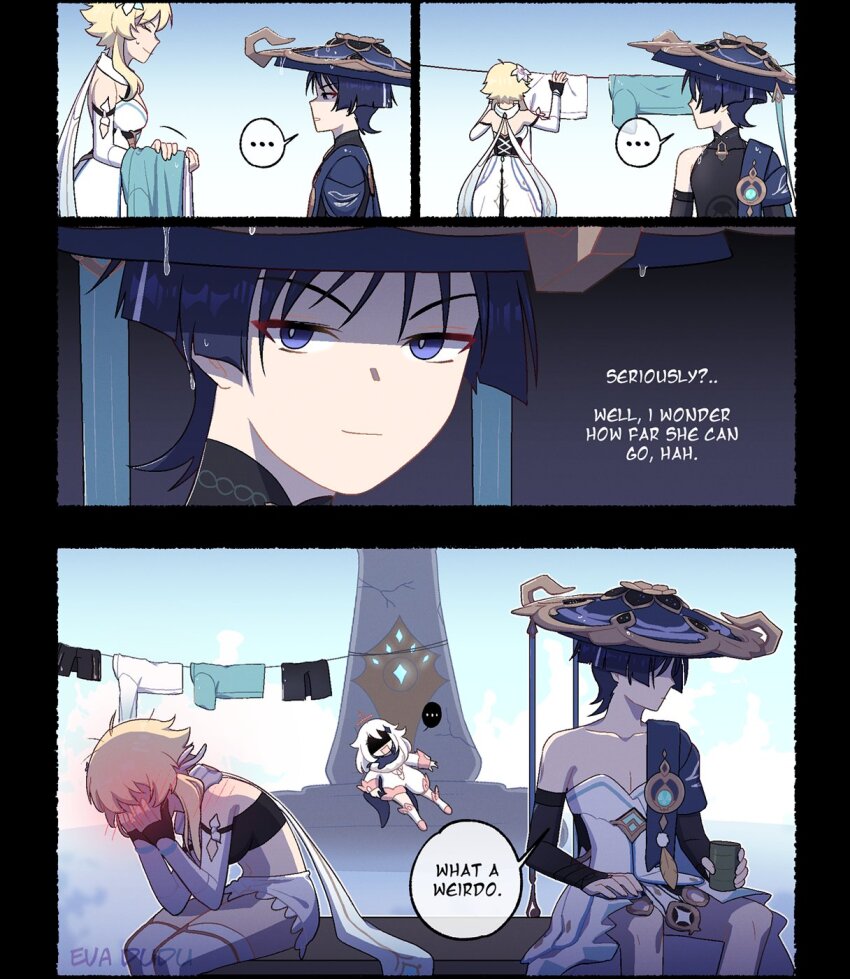 ... 1boy 2girls 4koma annoyed artist_name black_sleeves blonde_hair blush closed_eyes closed_mouth comic commentary cup dress english_commentary english_text eyeliner eyeshadow floating flower genshin_impact gloves hair_flower hair_ornament halo hand_on_own_knee hands_on_own_face hanging_in_clothes hat highres japanese_clothes kakaolikeslegs looking_at_another lumine_(genshin_impact) makeup multiple_girls paimon_(genshin_impact) parted_lips pectoral_cleavage pectorals red_eyeliner red_eyeshadow scaramouche_(genshin_impact) short_hair_with_long_locks shorts sidelocks sitting smile speech_bubble standing statue_of_the_seven unworn_clothes v-shaped_eyebrows wanderer_(genshin_impact) wet white_dress white_flower white_hair